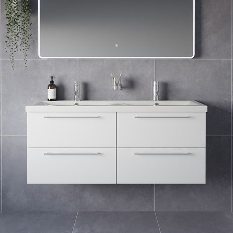 Napoli 390 Gloss White 1200mm Wall Mounted 4 Drawer Vanity Unit with Double Glide Basins - 1200mm - Chrome 320mm Handle