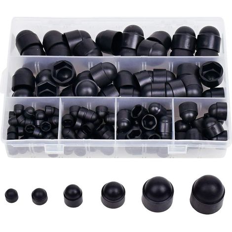 145 Stück Gummi-Sechskantmutterabdeckungen, Schraubenkappen, Schraubkappen, Kunststoffmutter-Kits mit Aufbewahrungsbox, 145 Stück, Schwarz, M4, M5, M6, M8, M10, M12