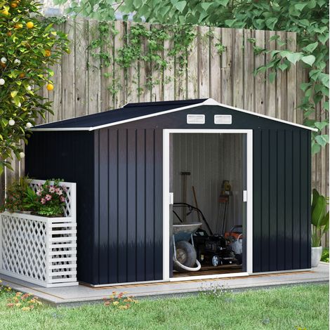 Caseta de jardín de acero antracita con base y puertas correderas 277 x 195 x 192 cm (1/5)