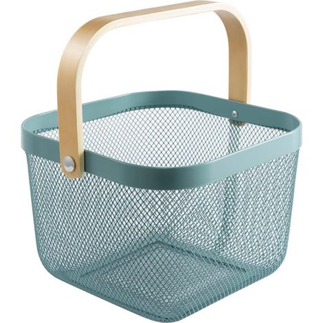 Mesh Steel Storage Organizer Basket Fruit Basket Bin with Wood Handle Ideal for Kitchen Bathroom Picnic Baskets Pantry Cabinets Storage Home Decor (Light Blue) (1/5)