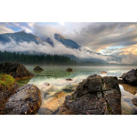 Papier peint panoramique montagne & lac | Tapisserie panoramique paysage romantique 3D | Papier peint panoramique forêt pour chambre - 384 X 260 cm (8 pièces) (1/2)