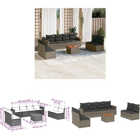 9-tlg. Garten-Sofagarnitur mit Kissen Grau Poly Rattan - Gartensortiment - Outdoor Möbel - Lounge Set - Gartenlounge - Rattan Gartenmöbel - Home & Living