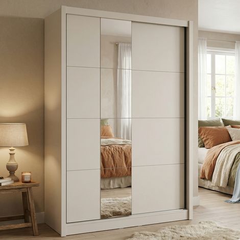 Großer Kleiderschrank Carisolo, Schlafzimmer-Schrank mit Kleiderstange, 5 Böden, 7 Fächer, 155x216h cm Weiß-Creme (1/5)