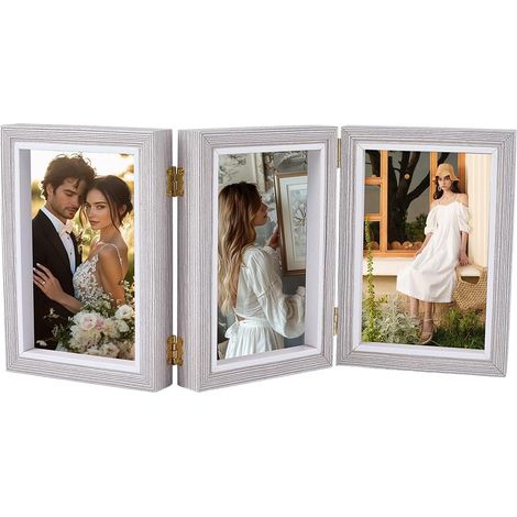 Cadre Photo 4x6/3 à Triple Charnière en Bois Rustique Pliable à Trois Ouvertures pour Photos Multiples (Type Collège) Format Vertical avec Support en Acrylique pour Une Utilisation sur Table (1/5)