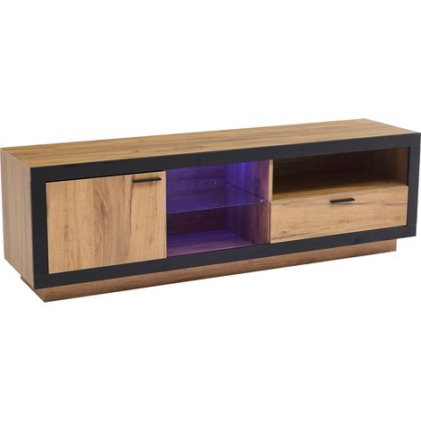 Mobile TV LED moderno con ripiani in vetro 160 x 40 x 50 cm nero e rovere (1/5)