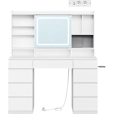 Table de toilette moderne, table de toilette avec espace de rangement polyvalent, table spacieuse avec prises intégrées (table de maquillage uniquement)