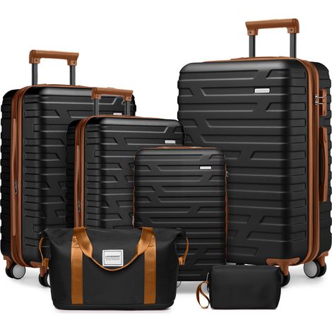 Ensemble de valises 6 pièces avec sacs de voyage, valises rigides extensibles à roulettes pivotantes, noir (1/5)