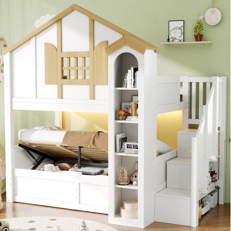 Letto a castello per bambini 90 x 200 cm con LED, contenitore e scala, bianco HAVRYA (1/5)