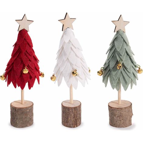 Alberelli di Natale decorativi con base a tronchetto di legno, albero in panno decorato con campanelle dorate, set da 9 pezzi, Ø 6 cm x 18 H