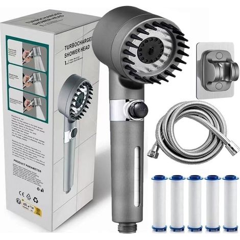 Duschkopf-Set fürs Badezimmer, drei wählbare Strahlarten, mit 1,5 m Schlauch, 5 Filterwatte-Einsätzen und perforierter Basis. (1/5)