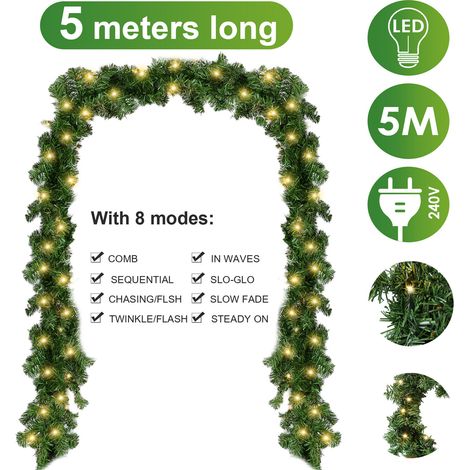 TolleTour LED Weihnachtsgirlande 5 m, 100 LED warmweiß, 8 Modi, 320 Spitzen, Tannengirlande ohne Deko (1/5)