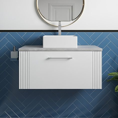 Nuie Deco Wall Hung 1-Drawer Vanity Unit with Bellato Grey Worktop 800mm Wide - Satin White (1/5)