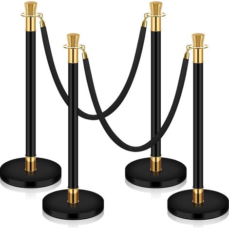 4 poteaux de guidage en acier inoxydable, barrières de contrôle de foule noir et or avec 2 cordons velours de 1,5 m pour le contrôle des foules, lieux haut de gamme, musées, fournitures (1/5)