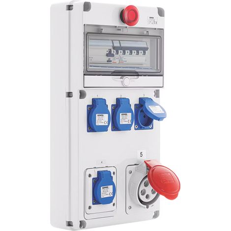 Gewiss – Coffret de chantier tri+neutre 40A – 4 prises 16A 230V + 1 prise 32A 400V – IP44 – Coup de poing d'arrêt d'urgence – 26 KVA (1/3)