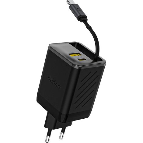Caricabatterie da parete GaN da 67 W con connettore USB-A e USB-C e cavo USB-C PD QC retrattile - Nero (1/5)