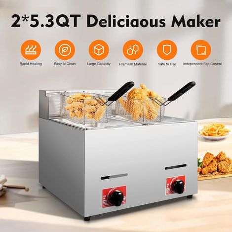 Doppel-Fritteuse, Gas Fritteuse mit 2 Frittierkörbe, Edelstahl, 2x6L Fassungsvermögen, Elektronische Zündung, Maximale 200 °C, Schnelles Aufheizen für Haushalt und Gewerbliche Nutzung (1/5)