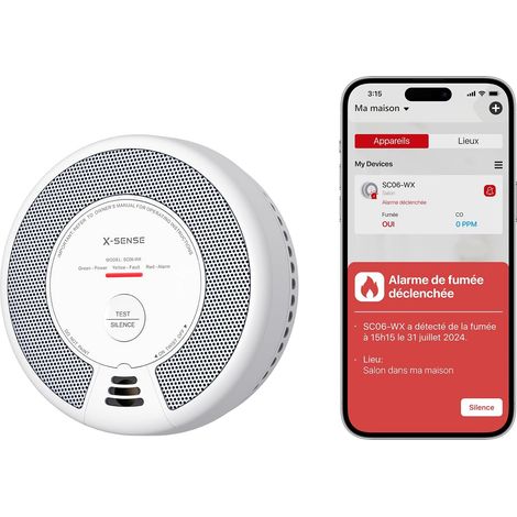 Wi-FI Détecteur de Fumée et de Monoxyde de Carbone Connecté avec Pile remplaçable, Détecteur Combiné Intelligent Compatible avec l’Application Home Security, SC06-WX, Lot de 1 (1/5)