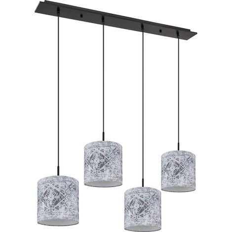 Hängeleuchte Pendellampe Wohnzimmerleuchte Esszimmerlampe, 4 Flammig, Muster Textilschirme, Metall schwarz grau, H 150 cm