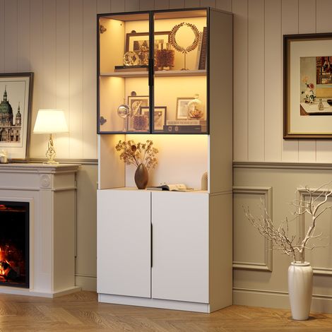 Vitrine design contemporaine, porte en verre, luminaire LED avec variateur d'intensité et teinte ajustable, meuble de rangement pour figurines et bibelots, finition blanc pur, dimensions 80x30x200 cm. (1/5)