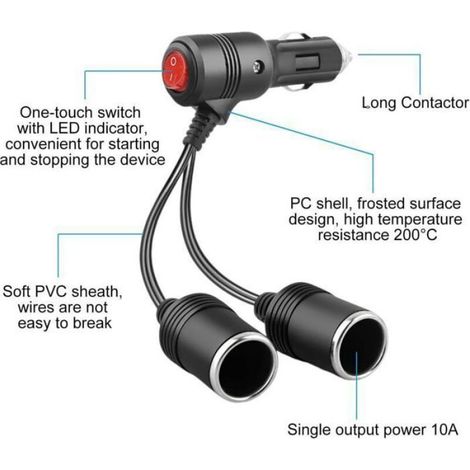 Double prise allume-cigare avec interrupteur, distributeur d'allume-cigare, adaptateur allume-cigare 12V/24V, pour voiture et moto (1/4)