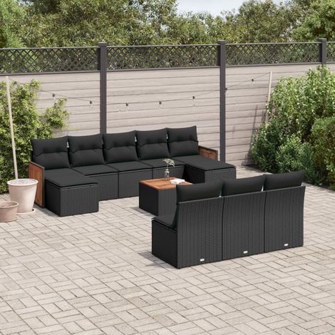 Salon de Jardin 11 Pièces Noir Résine Tressée avec Coussins - Ensemble Modulaire Table et Sièges Rangement Intégré (1/3)