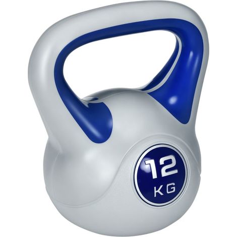 Kettlebell 12 kg avec base plate et grand grip en plastique bleu, dimensions 24x17x28 cm, idéale pour l'entraînement. (1/5)