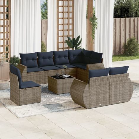 9-teiliges Gartensofa-Set mit Kissen, grau, Polyrattan (1/5)