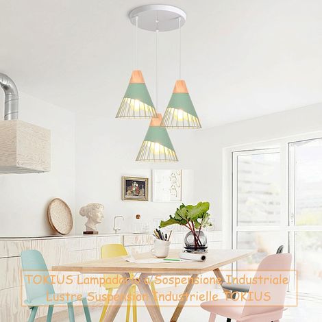 Suspension Luminaire Moderne Industrielle Bois Lustre Abat-jour Métal Vintage forme Cage Ø25cm Plafonnier E27 Design pour Cuisine Chambre Salon (3 lampes - Vert- base) [Classe énergétique A] (1/5)