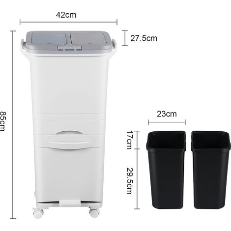 Wolketon Mobiler Mülltrenner für die Küche, 42 L, 3-stufig, mit Doppelbehälter oben, separatem Unterbehälter, 2 Druckdeckeln, Fußpedal und Rollen, Weiß (1/4)