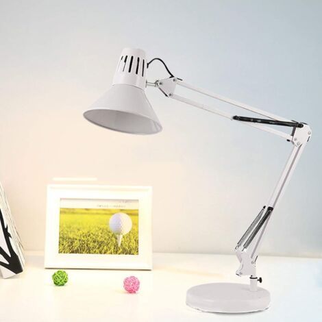 QORVA-Lampe de bureau LED avec protection oculaire, lampe de table d'architecte en métal, bras pivotant réglable super long pour la lecture，Blanc