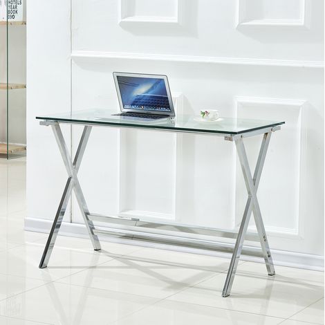 Escritorio de vidrio templado transparente 110 x 55 x 76 cm, estructura metálica, REDOM (1/5)