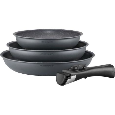 Batterie de cuisine ARTHUR MARTIN AM521GM Set de 3 poeles - Gris Mat 20-24-28 cm + 1 poignée amovible - Tous feux dont inductio (1/3)