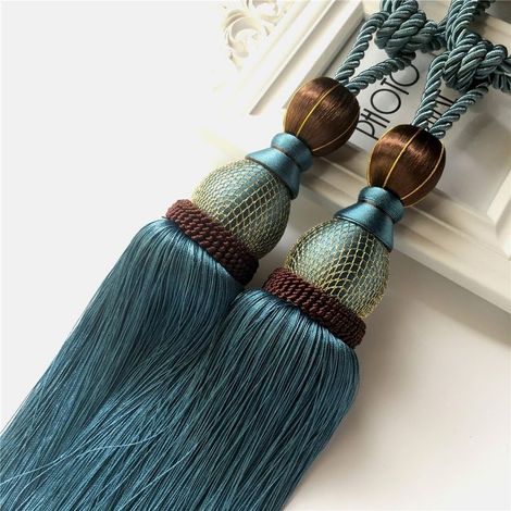 1 paire d'embrasses de rideaux à pompons en corde tressée avec boucle décorative (bleu paon) (1/5)