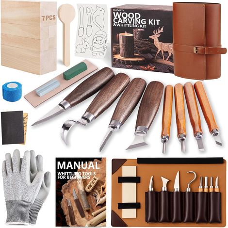 Kit de Sculpture sur Bois 25-en-1 - Coffret Luxe en Cuir avec Blocs de Tilleul (1/5)