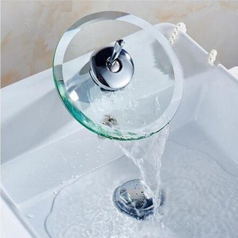 Robinet de lavabo rond en verre effet cascade, robinet en laiton chromé, pour salle de bain ou cuisine. (1/5)