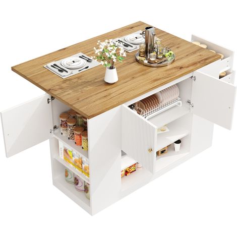 Îlot de cuisine blanc avec table rabattable, rangements et tiroirs, 140 x 70 x 90 cm, MDF et métal, meuble multifonction pour salle à manger et cuisine – CHICFURN (1/5)