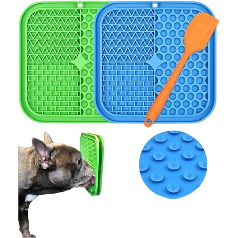 Lot de 2 tapis à lécher pour chiens avec ventouses - Tapis d'alimentation lente sans BPA - Bleu et vert - Comprend une pelle en silicone - Convient aux chiens et aux chats (1/5)