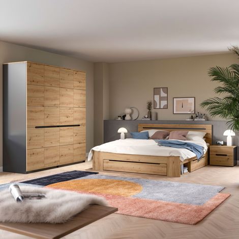Ensemble lit 184x205x87cm + 2 chevets + armoire décor naturel - KANUT