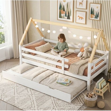 Lit simple 90x200 avec lit coulissant bois blanc HAVRYA (1/5)
