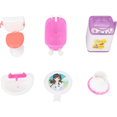 Lot de meubles miniatures salle de bain pour maison de poupée : toilette, lavabo, baignoire, miroir, machine à laver, accessoires de décoration (1/5)
