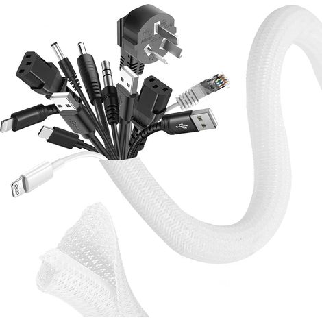 1 Manchon Cache Câble 3m, Tressé Extensible 25-32mm, Gaine Protection PC TV Auto Blanc