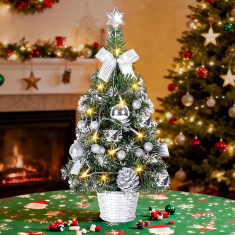 Sapin de Noël Artificiel 45 cm Pré-décoré et Pré-illuminé - Décorations Argentées et Lumières LED Chaudes - Mini Sapin de Table pour Maison/Bureau - Prêt à Illuminer (sans Piles Incluses) (1/5)