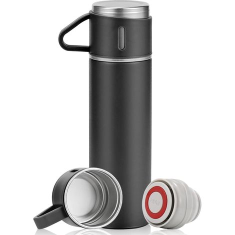 500 ml Bouteille Isotherme,Gourde Isotherme Etanche avec Tasse et Couvercle,Gourde Inox Isotherme,Gourde Isotherme,Thermos isotherme en métal,Pour Sport,Voyage(Noir) (1/5)