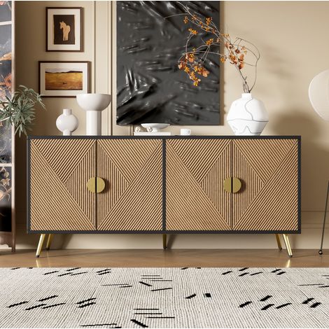 Buffet 160 cm 4 portes, poignées dorées brossées, pieds brillants noir et bois HAVRYA (1/5)