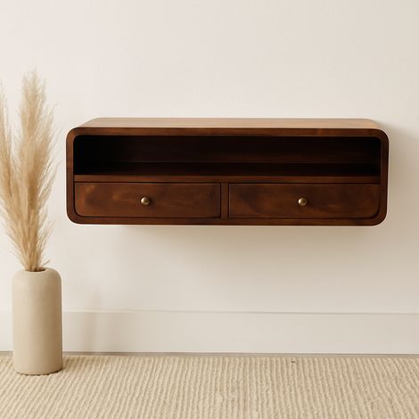 Console ouverte flottante noyer de Californie en bois massif, 2 tiroirs, 1 grande étagère ouverte, Brun