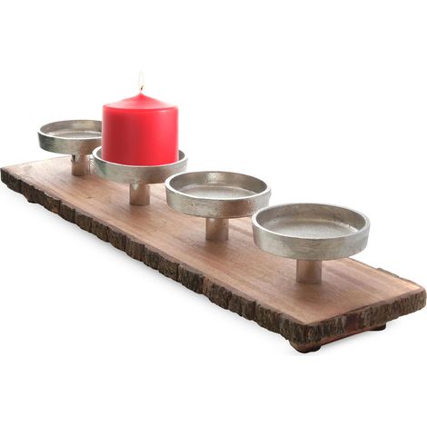Mango Advents Kerzenhalter für 4 Kerzen - 48 x 12 cm - Holz Alu Kerzenständer mit Rinde