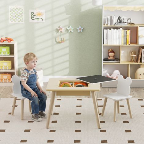 Table enfant avec 2 chaises. Ensemble de sièges pour enfants avec rangement et dossier en forme d'ours, pour les enfants de 3 à 6 ans. Bois naturel. (1/5)