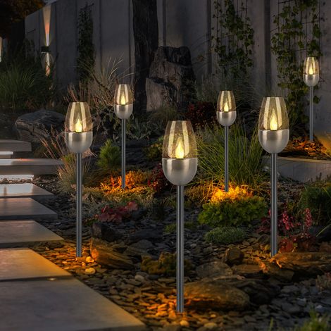 Außenleuchte Solarlampe Steckleuchte, Gartenfackel mit Feuereffekt, Terrassenlampe, integrierter Akku, Metall, schwarz, LED, DxH 6x38cm, 6er Set