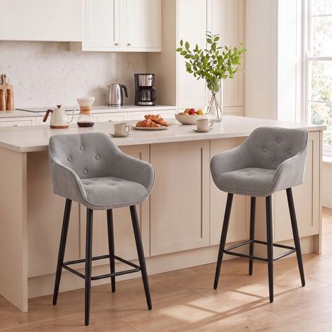 Lot de 2 Tabourets de Bar, Chaises de Bar Rembourrées en Chenille, Assise Large 67H cm, Dossier et Repose-Pieds, Gris (1/5)
