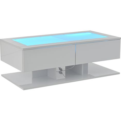 GagaTable basse LED 100 x 50 x 35 cm blanc, 2 tiroirs, verre trempé (1/5)